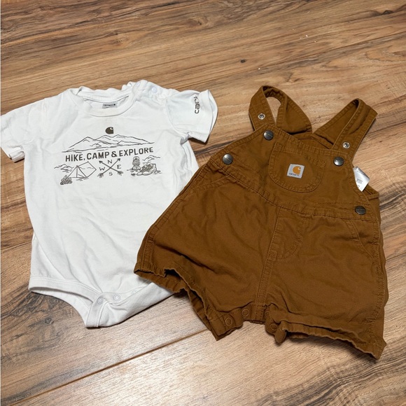 Carhartt 2 piece Shortalls overalls onesie set boys tan white - Picture 1 of 2